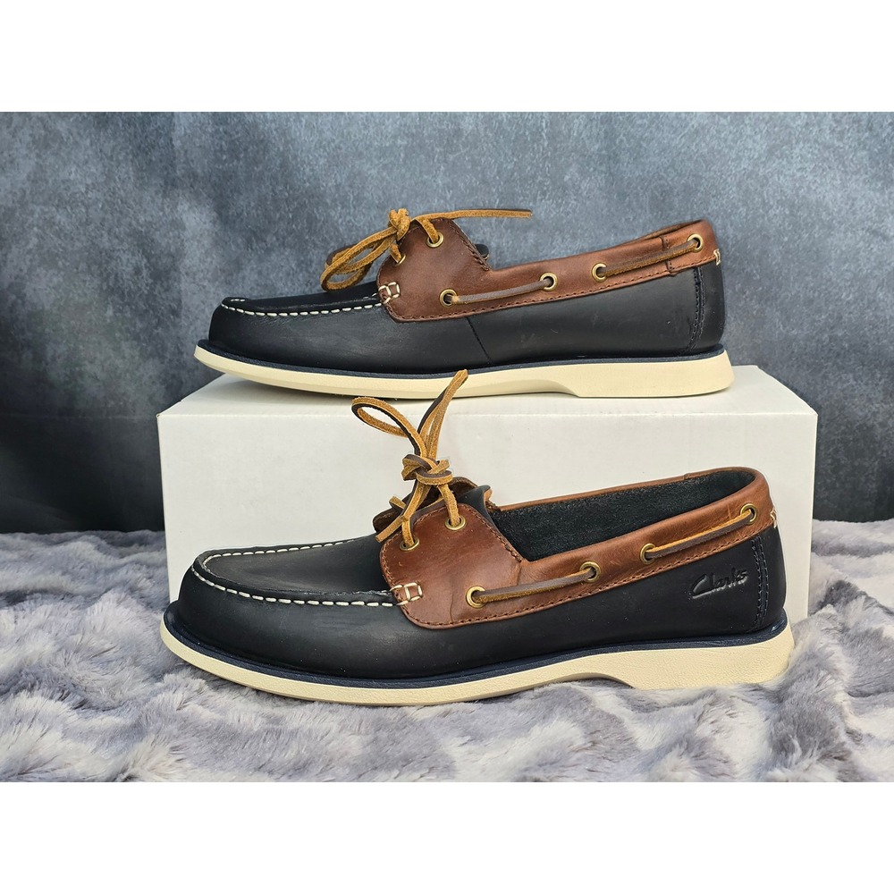 NWT Clarks Port View Boat Shoes Navy Brown Leather Nautical‎ Mens 7.5 M